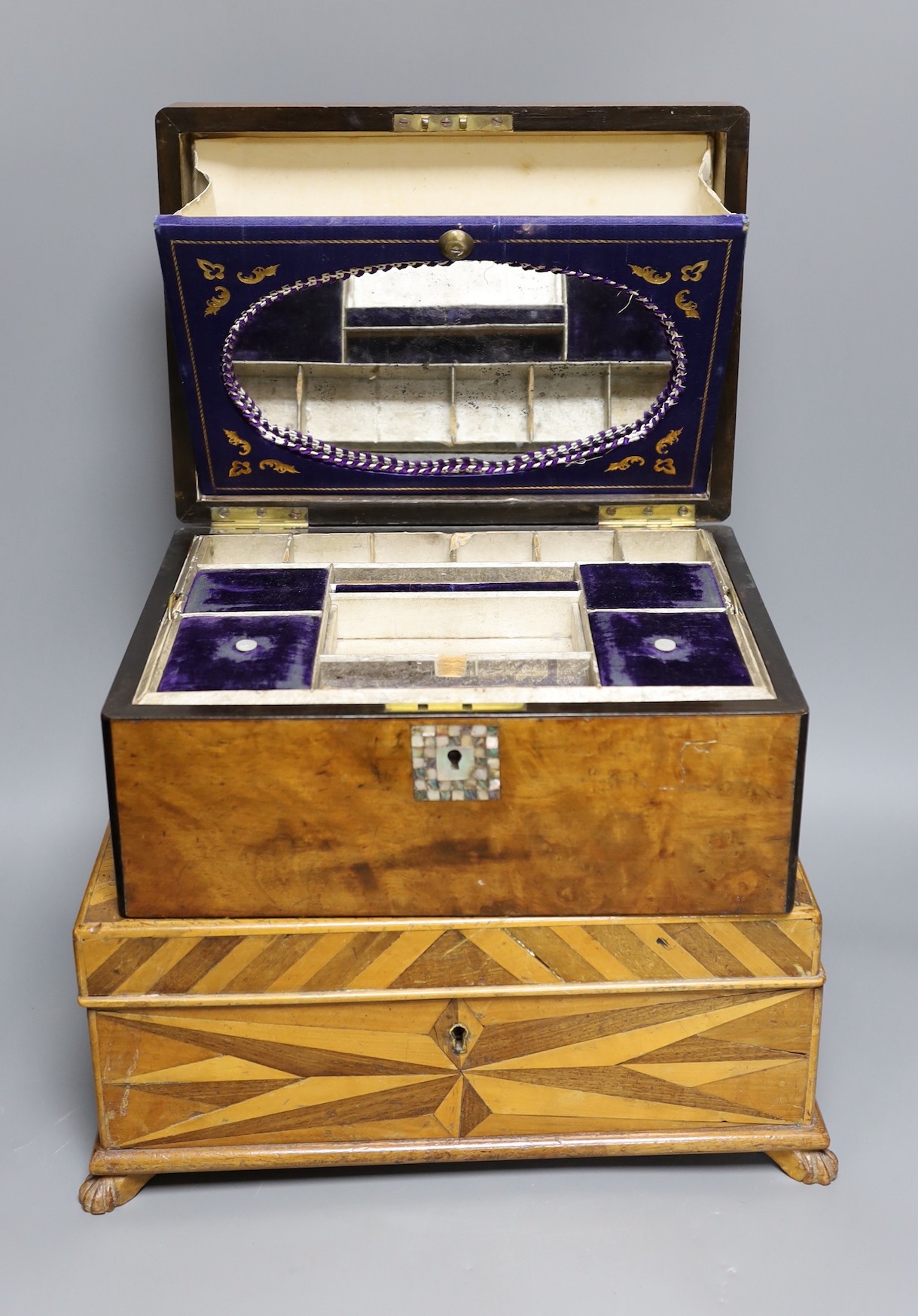A parquetry inlaid box and a walnut mother of pearl inlaid sewing box, parquetry box 35 cms x 14 cms